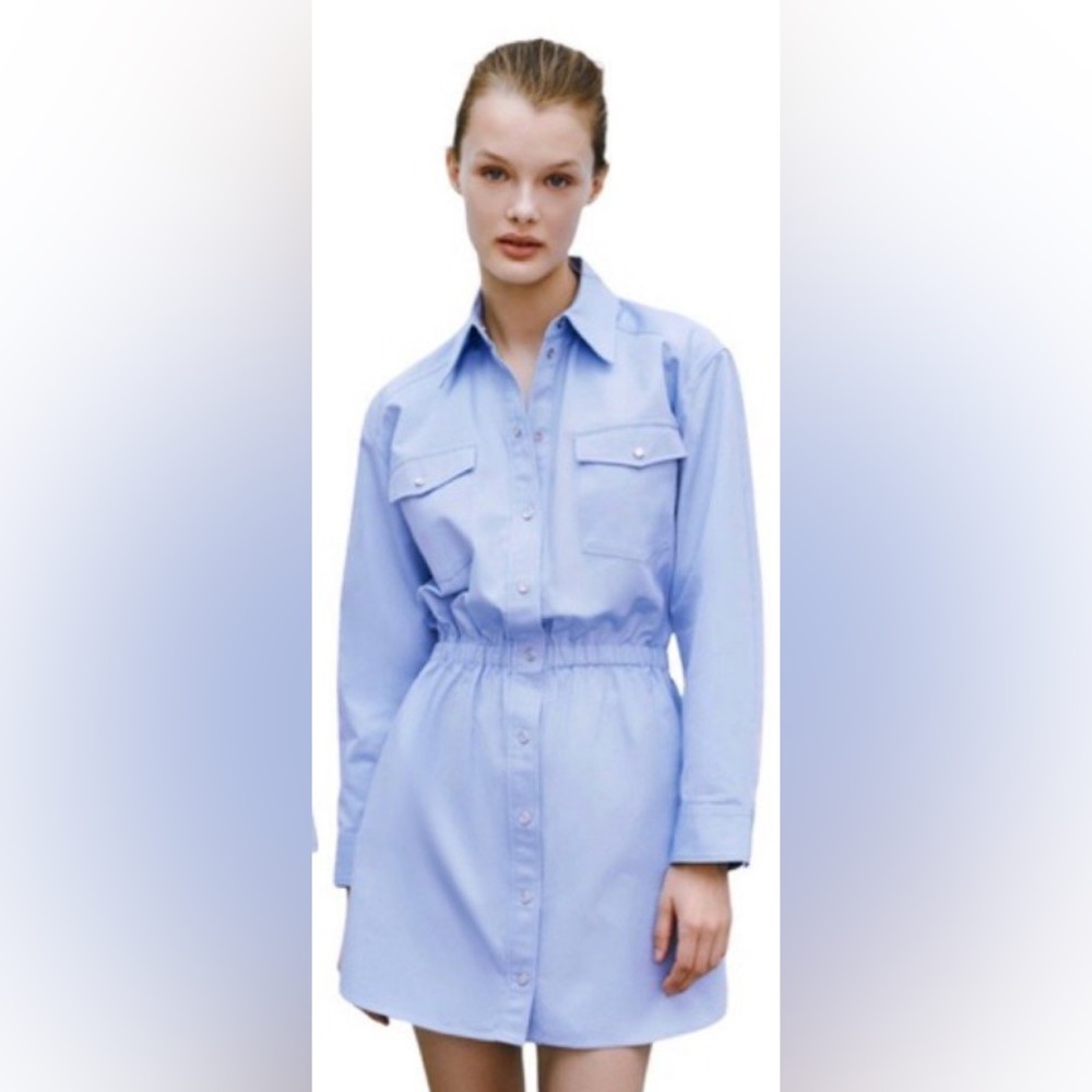 NWT Zara light Blue Button up Dress elastic stretch waste band